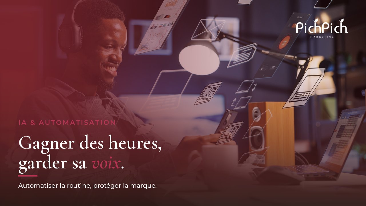 Personne souriante entourée d'écrans et de flux automatisés, pour illustrer l'automatisation IA d'une PME